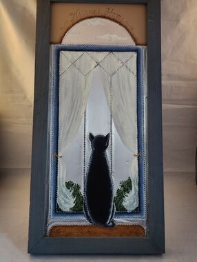 Folk Art Welcome Home Black Cat On Tin Wall Art Handmade Signed